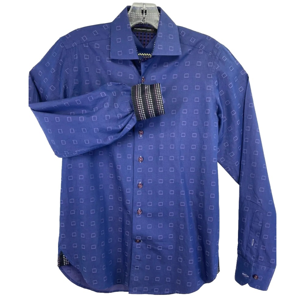International Laundry Mens Small Blue Diamond Pattern Flip Cuff Dress Shirt(Q35)